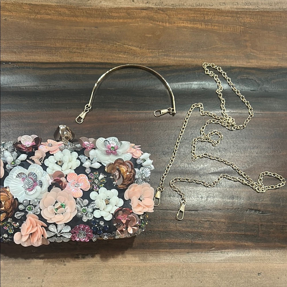 Embellished Floral Evening Clutch - Black with Pink & White Flowers - Picture 4 of 5